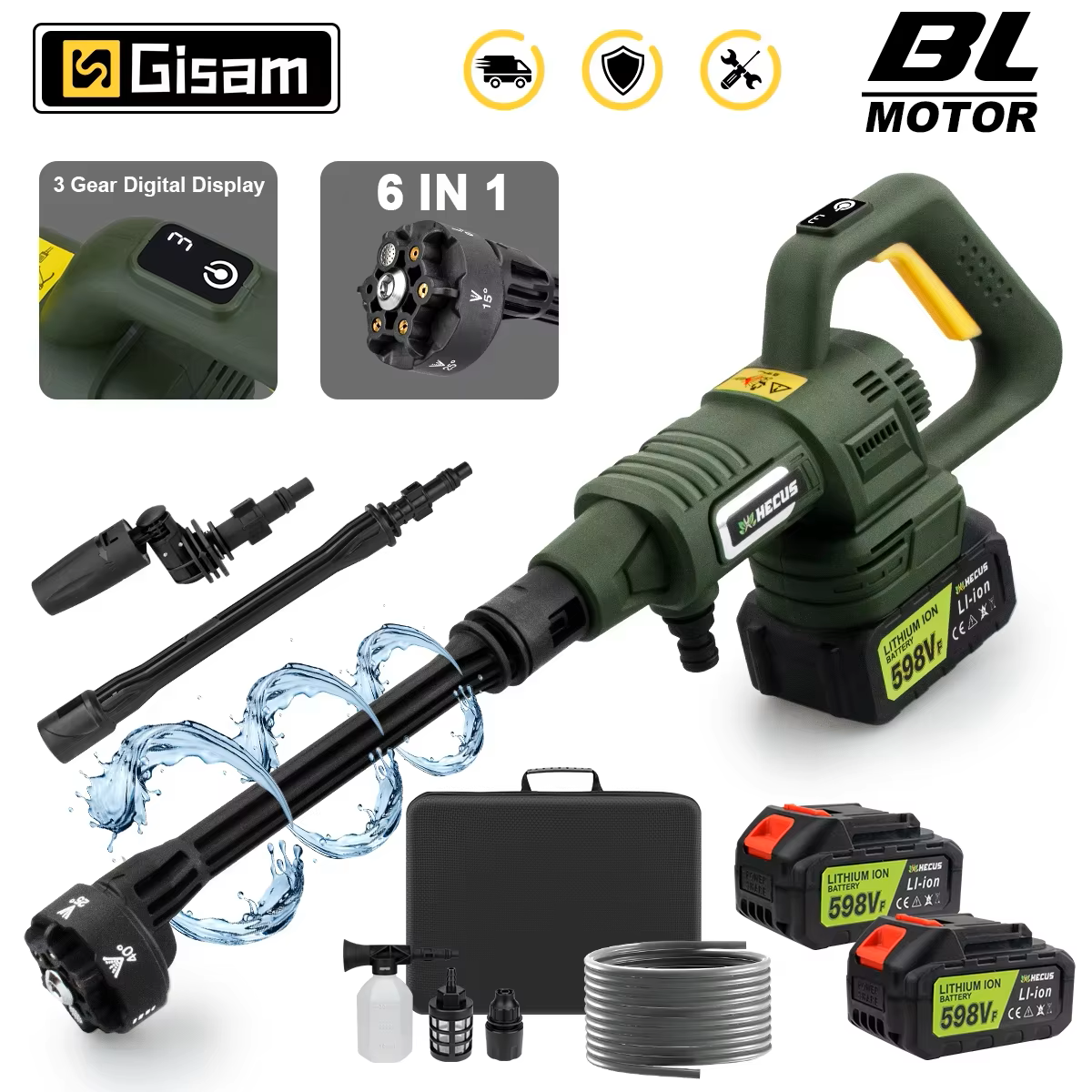 GISAM Myjka wysokociśnieniowa elektryczna 200Bar, bezszczotkowy silnik, 3 biegi, pistolet do mycia samochodu 6 w 1, pistolet wodny, kompatybilna z akumulatorem Makita 18V