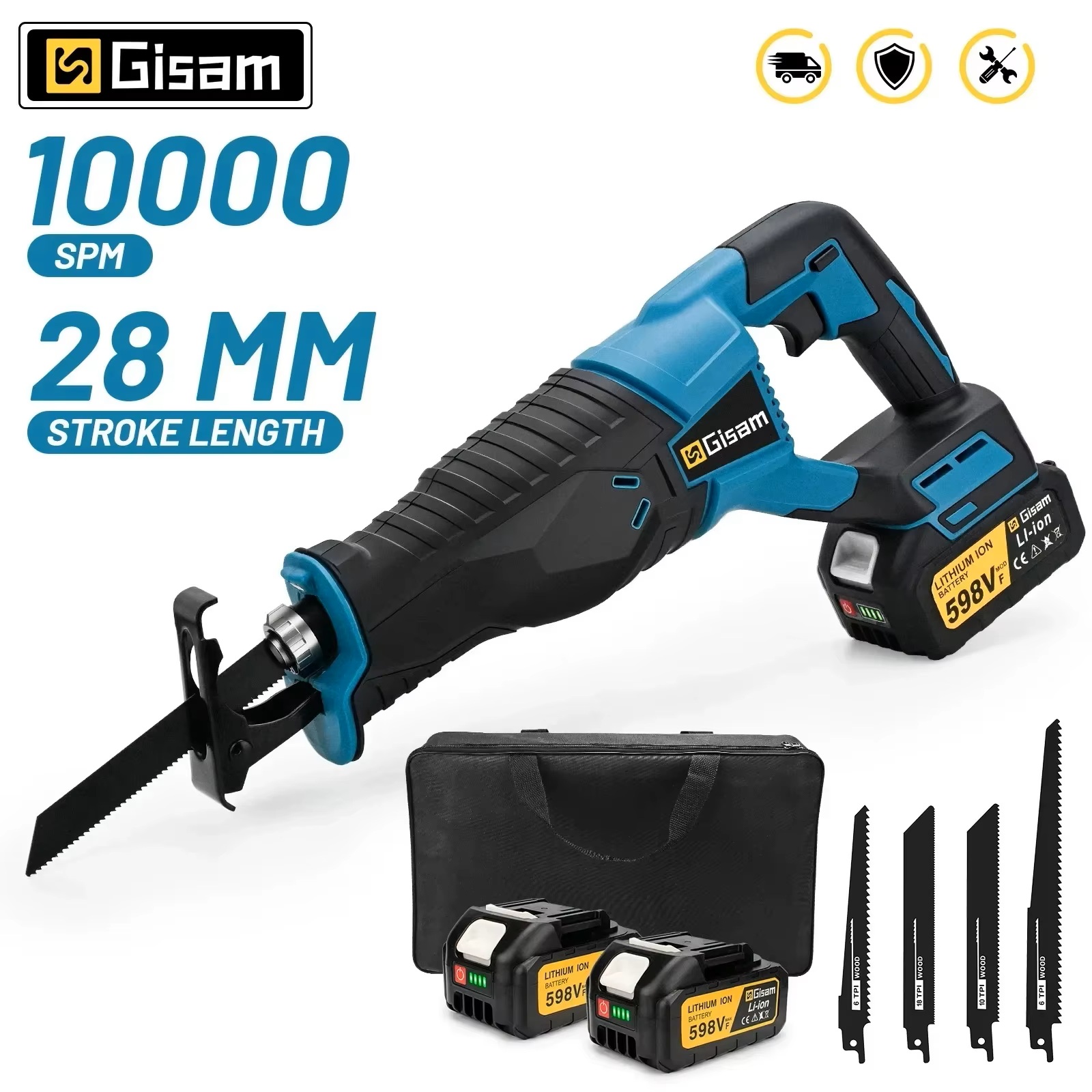 GISAM Elektryczna piła szablasta 3000W 10000SPM, bezprzewodowa piła łańcuchowa szablastowa, przenośne elektronarzędzie kompatybilne z pinem akumulatora Makita 18V