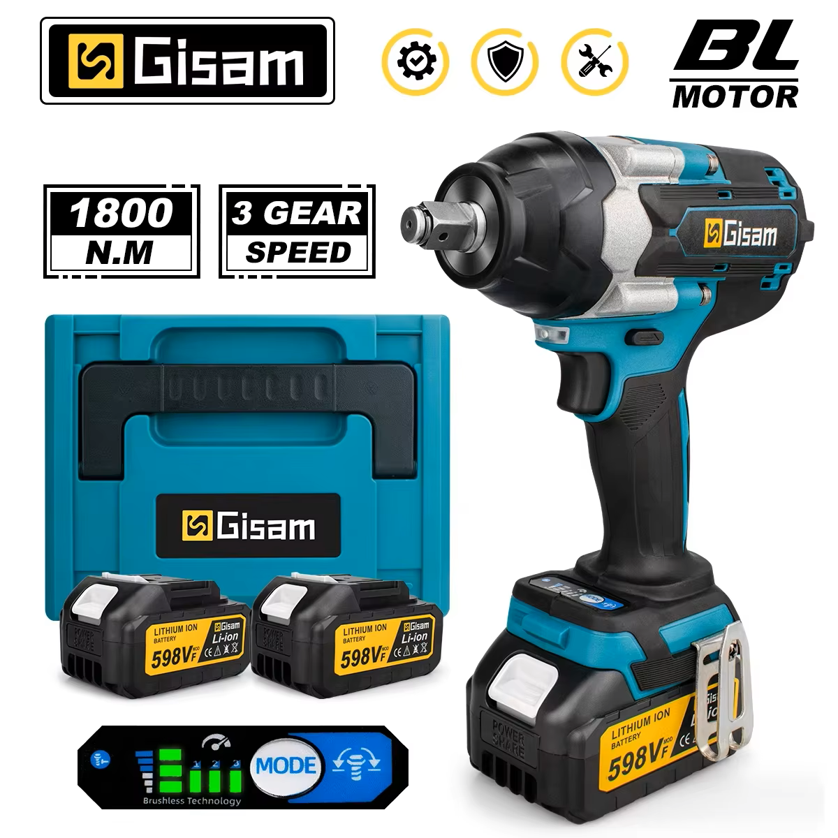 GISAM Bezszczotkowy elektryczny klucz udarowy 1800N.m 1/2 cala, bezprzewodowy klucz wkrętak elektryczny, kompatybilny z pinem akumulatora Makita 18V